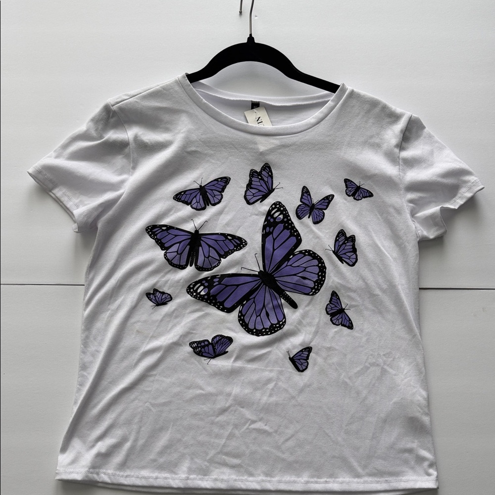 White Tee with Purple Butterfly Graphic